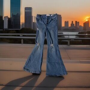 Jessica Simpson Jeans Girls 10 Blue Lulu Ultra Flare Distressed Snap Button Fly